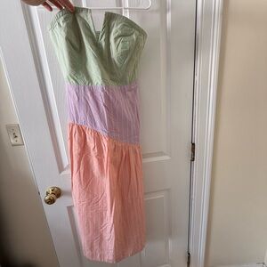 Anthropologie Green, Peach, and Purple Pinstripe Dress